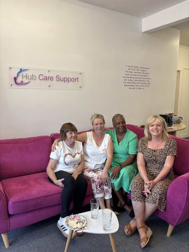 Admin support Lyn and Jo on the pink sofa with a few of our guests